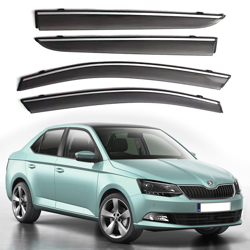 Дефлектори вікон Skoda Fabia Седан 2015- скотч "FLY" (З хром - смугою) Дефлектори вікон Skoda Fabia Седан 2015- скотч "FLY" (З хром - смугою)