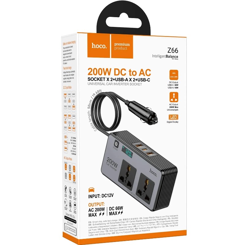Перетворювач 24V-12V Hoco Z66 PD66W+QC3.0 (2USB/1Type-C/2xSocket/12V/AC200W)