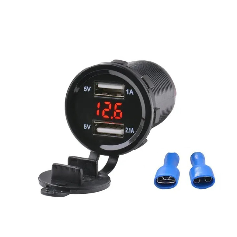Гніздо під 2 USB DC 12-24V/5V 2,1-2,1A зелений підсвічування,Вольтметр,з різьбою А16G Гніздо під 2 USB DC 12-24V/5V 2,1-2,1A зелений підсвічування,Вольтметр,з різьбою А16G