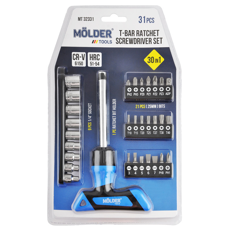 Викрутка + насадки -Т образна 30в1 (+.-.РН.PZ.T.1/4) "Molder" (МТ32331) (9шт/уп)
