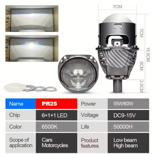 Лінза бі-LED 2.5"(D65мм) 100/120w 11000/13000Lm Карбонова,Подвійна призматична лінза  6+1+1 (Y5)