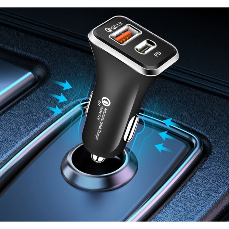 АЗП 12/24V 1USB-1Type-C YY-C04 PD 12W+QC3.0 38W (mini) Чорна