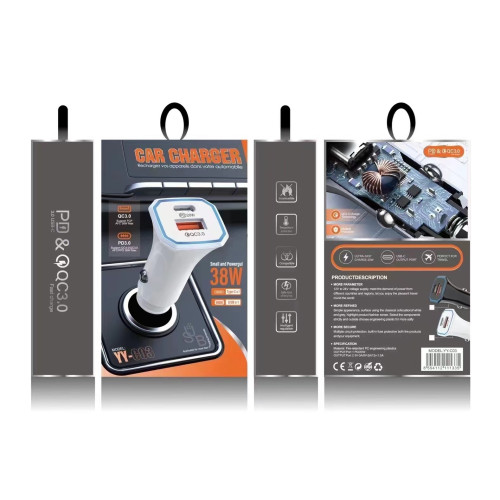 АЗП 12/24V 1USB-1Type-C YY-C06 PD 12W+QC3.0 38W (Led підсвітка) Чорна