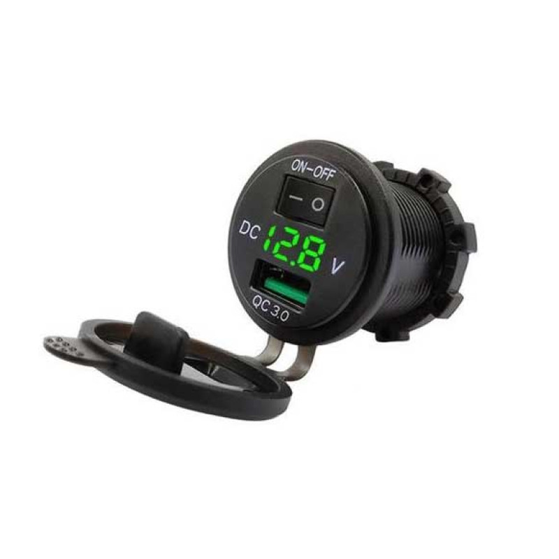 Гніздо під 1 USB+ Вольтметр DC 12-24V/5V підсвічування з різьбою P10 GREEN QC 3.0 (вимикач) Гніздо під 1 USB+ Вольтметр DC 12-24V/5V підсвічування з різьбою P10 GREEN QC 3.0 (вимикач)