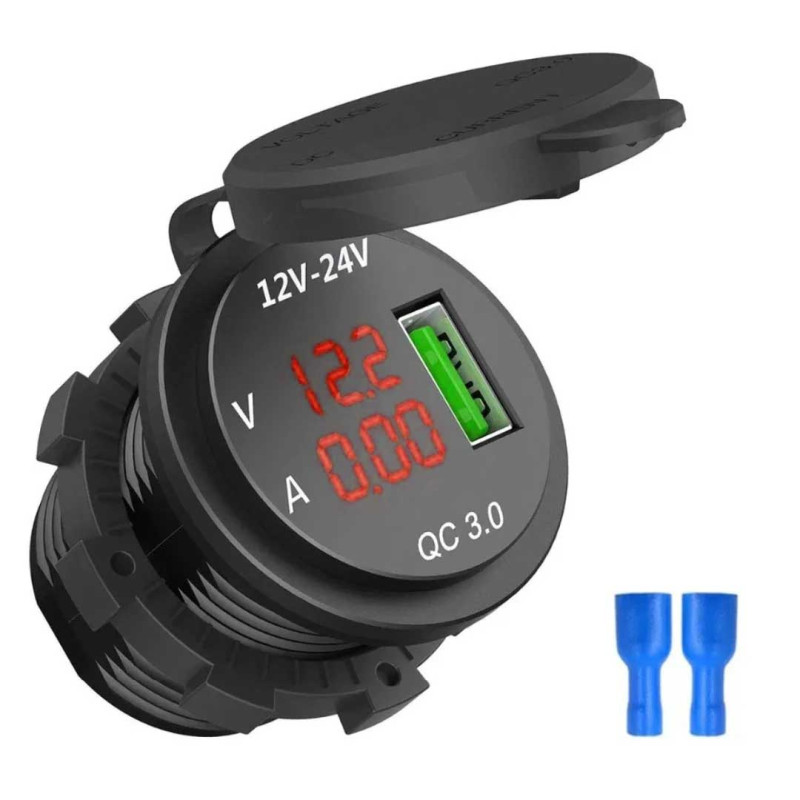 Гніздо під 1 USB+ Вольтметр+Амперметр DC 12-24V/5V підсвічування з різьбленням P11 Red QC 3.0 Гніздо під 1 USB+ Вольтметр+Амперметр DC 12-24V/5V підсвічування з різьбленням P11 Red QC 3.0