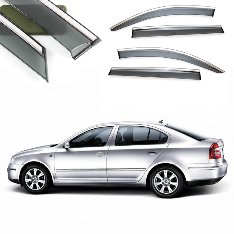 Дефлектори вікон Skoda Octavia II (A-5) Седан 2007-2013 скотч "FLY" (Нержавіюча смуга 3D)