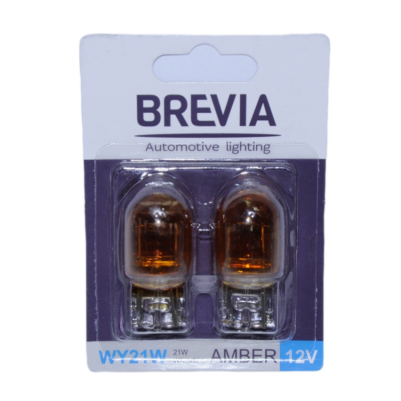 Лампа 12V (бесцок.1-контак.бурштин) W21W "Brevia" (12312B2) Amber WX3 x16d блістер 2шт. (10/250 шт)