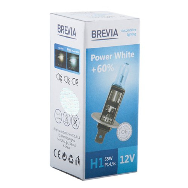 Лампа 12V H1 55W 4300K + 60% Power White "Brevia" (1шт) (12010PWC) (10шт/уп) (1000шт/ящ) Лампа 12V H1 55W 4300K + 60% Power White "Brevia" (1шт) (12010PWC) (10шт/уп) (1000шт/ящ)