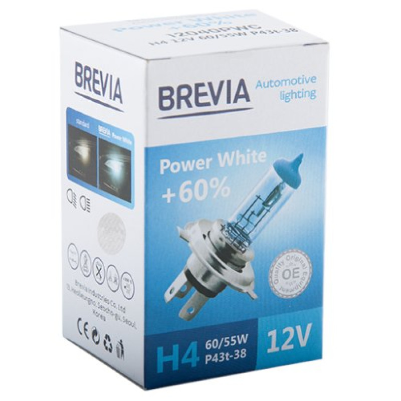 Лампа 12V H4 60/55W 4300K + 60% Power White "Brevia" (1шт) (12040PWC) (10шт/уп)