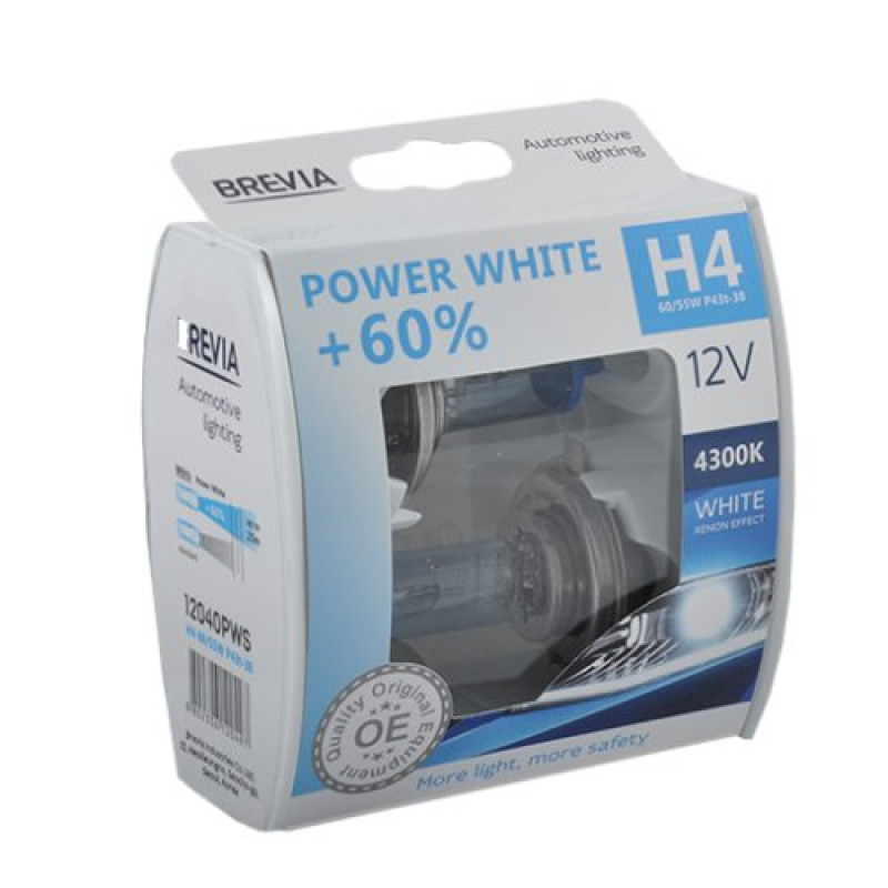 Лампа 12V H4 60/55W 4300K + 60% Power White "Brevia" (Box-2шт)   (12040PWS) (9шт/уп)