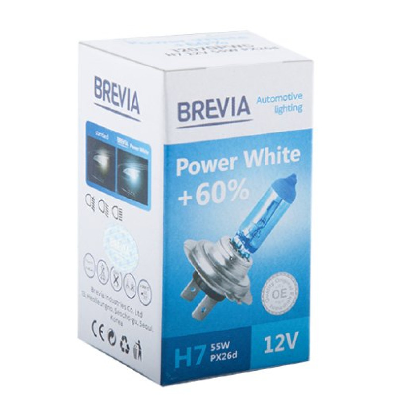 Лампа 12V H7 55W 4300K + 60% Power White "Brevia" (1шт)   (12070PWC) (10шт/уп)