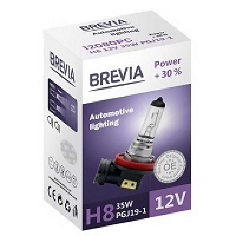 Лампа 12V H8 35W + 30% "Brevia" (1шт) (12080PC) (10шт/уп) Лампа 12V H8 35W + 30% "Brevia" (1шт) (12080PC) (10шт/уп)