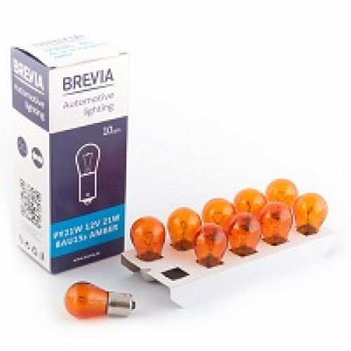 Лампа 12V (цок.зміщ.бурштин ВАU15s) P21W "Brevia" (12302C) Amber (уп.10шт) (200 шт/ящ)