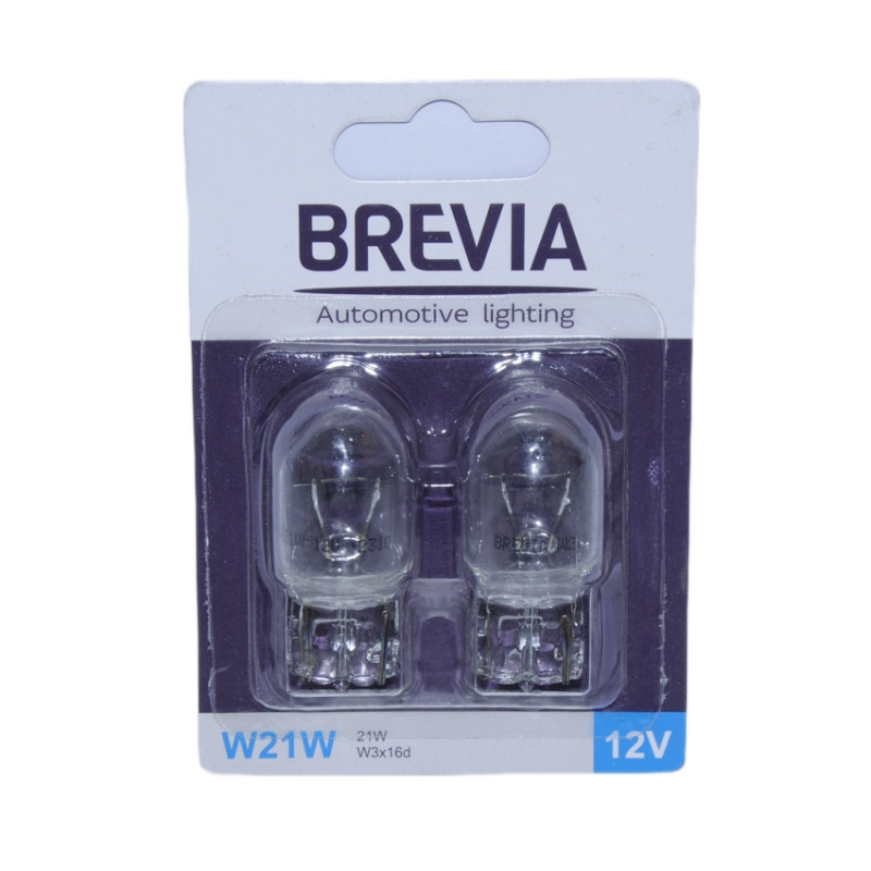 Лампа 12V (бесцок.1-контак.) W21W "Brevia" (12310B2) W3 x16d блістер 2шт. (10/250 шт/ящ)