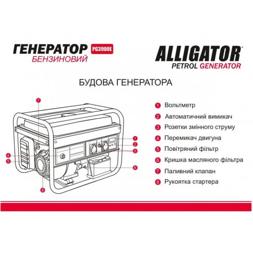 Генератор бензиновий з електростартером "Alligator" 3,0кВт (ном 2,8кВт), 15л PG3900E