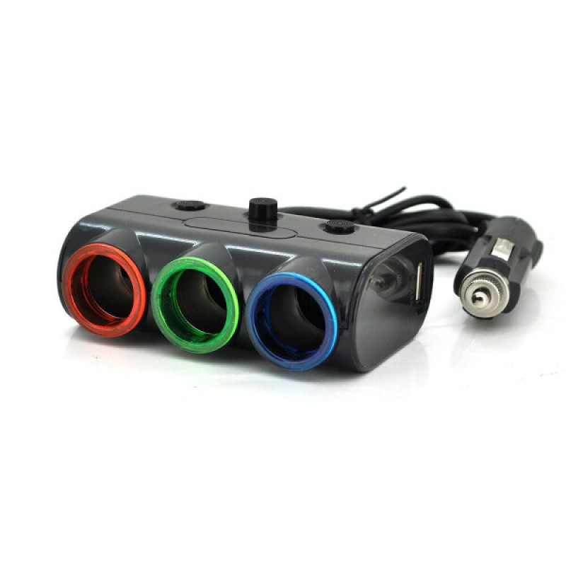 Прикурювач-трійник з подовжувачем Olesson 1523(1509А) Чорна 12/24V 120W/2USB/вимикач