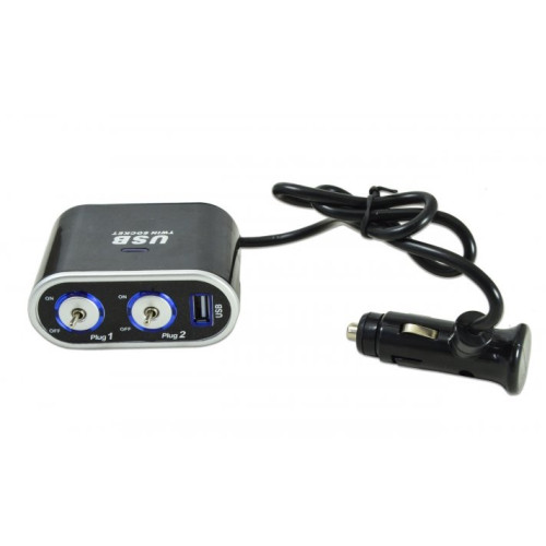 Прикурювач-двійник з подовжувачем/USB+вимикачі KSU-0182 12V
