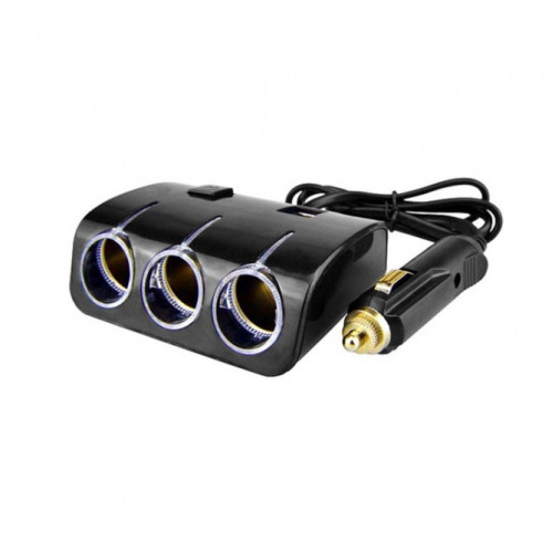 Прикурювач-трійник з подовжувачем/2USB 1506 Black 12/24V 120W/вимикач (2816)