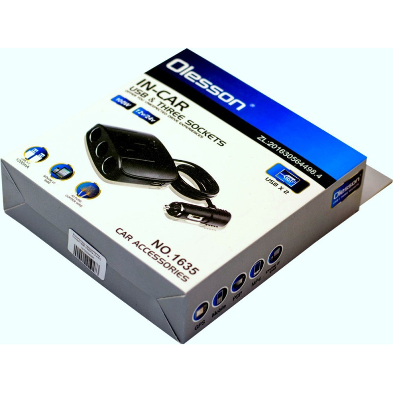 Прикурювач-трійник з подовжувачем Olesson 1635 Чорна 12/24V 100W/2USB+1 вимикач
