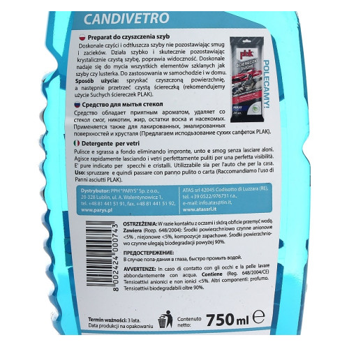 Очищувач скла тригер 750ml "Plak" Candivetro
