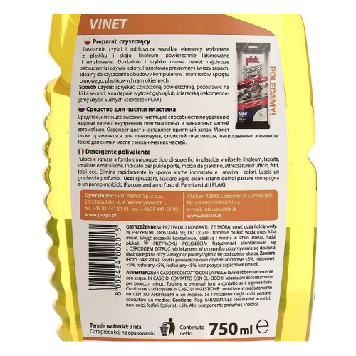Очищувач пластику тригер 750ml "Atas" Vinet