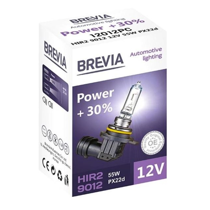 Лампа 12V HIR2/9012 55W + 30% "Brevia" (1шт)  (12012PC) (10шт/уп) (200шт/ящ)