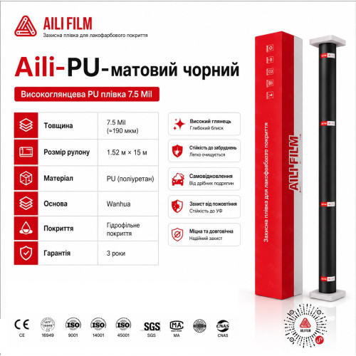 Плівка антигравійна Чорна-матова PIANO (PU-Поліурітан) 15м*1,52м AILI основа-Wanhua 7,5mil TGY25-75A Плівка антигравійна Чорна-матова PIANO (PU-Поліурітан) 15м*1,52м AILI основа-Wanhua 7,5mil TGY25-75A