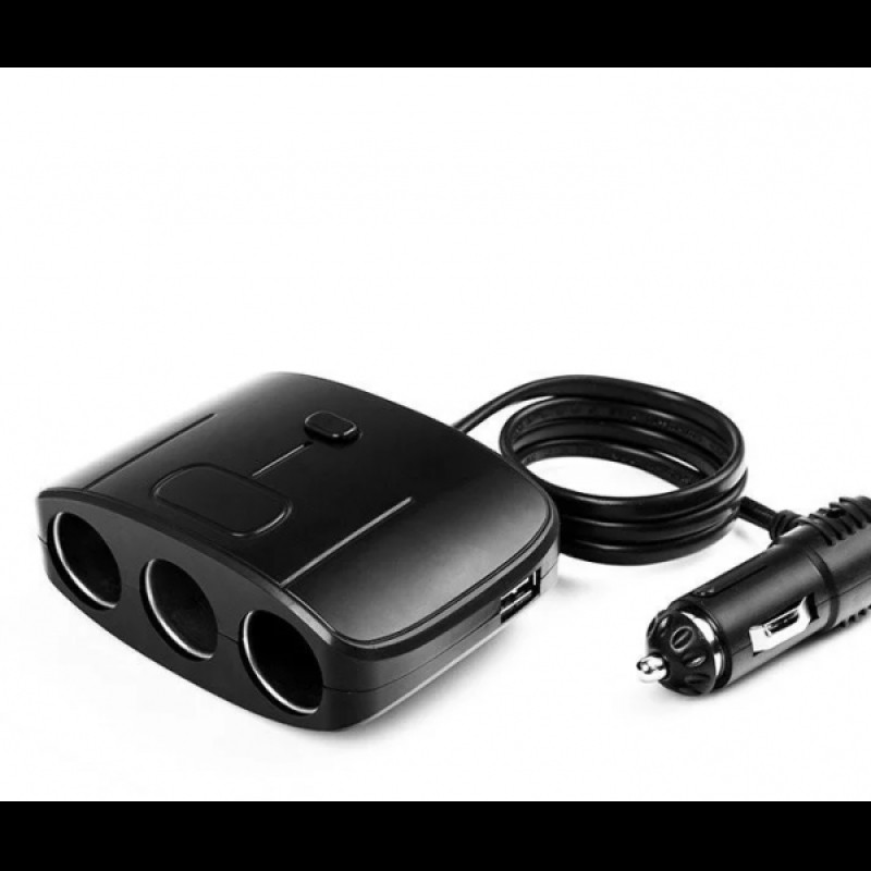 Прикурювач-трійник з подовжувачем Olesson 1635 Чорна 12/24V 100W/2USB+1 вимикач