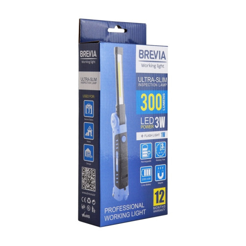 Переноска діодна 3W COB/300 lm +1W L=185-310/2000mAh/microUSB/Brevia Led 11360/склад, магніт, гачок