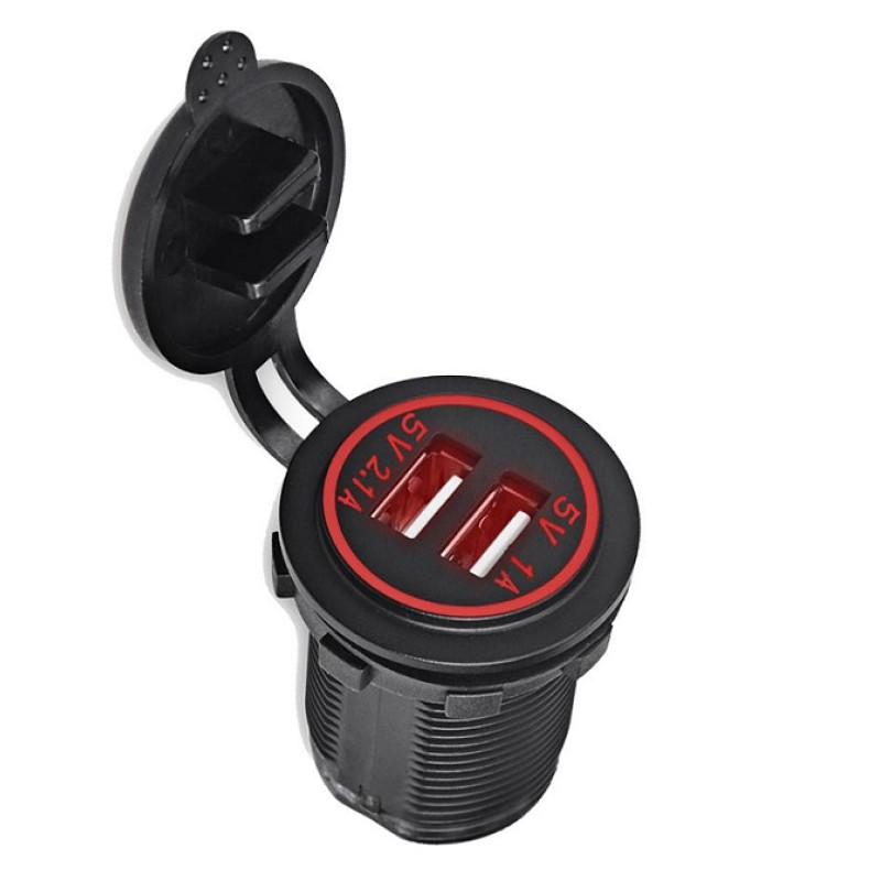 Гніздо під 2 USB DC 12-24V/5V 2,1-1A, підсвічування з різьбою SF-50-2 RED Гніздо під 2 USB DC 12-24V/5V 2,1-1A, підсвічування з різьбою SF-50-2 RED
