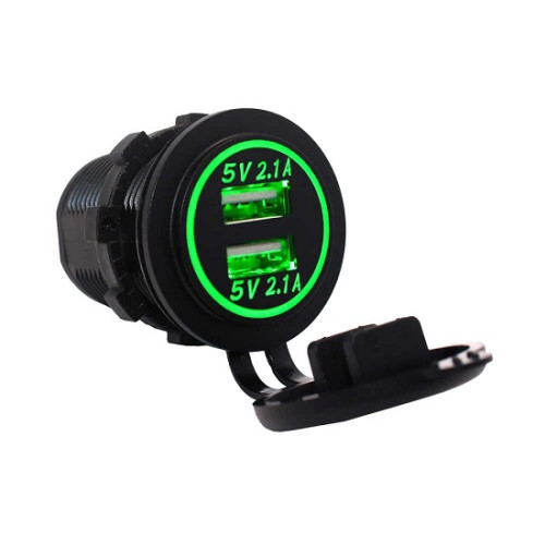 Гніздо під 2 USB DC 12-24V/5V 2,1-1A, підсвічування з різьбою SF-50-2 GREEN