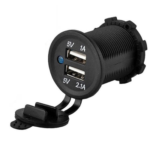 Гніздо під 2 USB DC 12-24V/5V 2,1-1A, синій індикатор з різьбленням