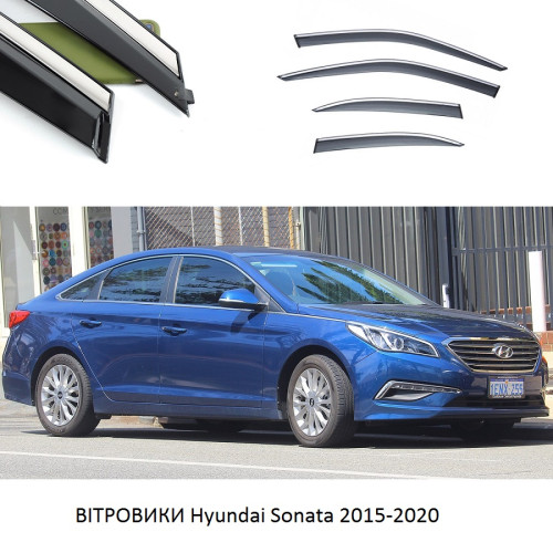 Дефлектори вікон Hyundai Sonata 2015-2020 скотч"FLY""нержавійка 3D"BHYST1523-W/S(142-143)
