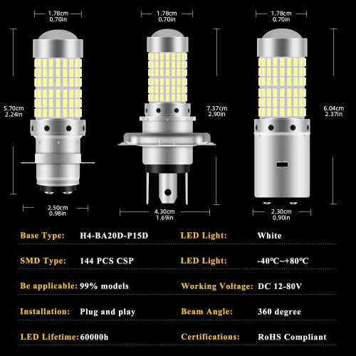 Лампа світлодіодна BA20D, 6000K, 144 SMD, Білий (Ближнє та дальнє світло) 12V