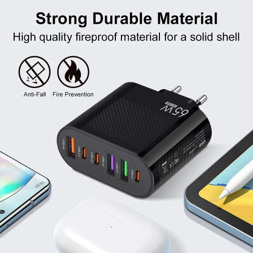 Зарядний пристрій 65W, 3.5A 6 в 1 3USB - 3Type-C / QC3.0 Чорний