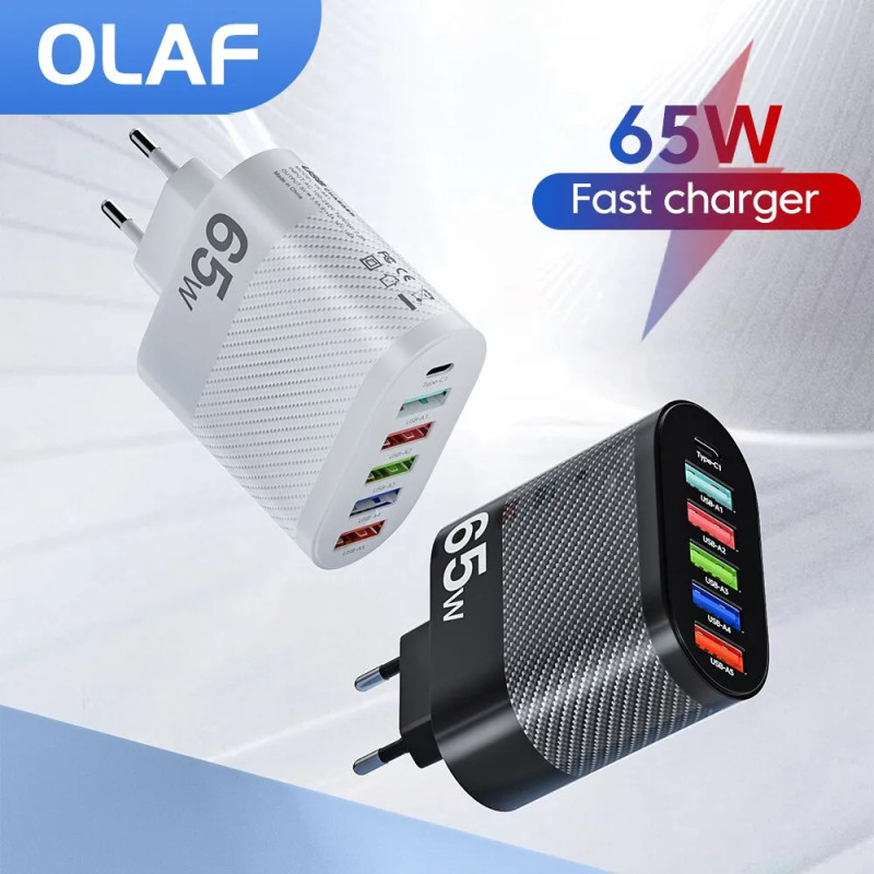 Зарядний пристрій 65W, 3.5A 6 в 1 5USB 1PD / QC3.0 Білий. ТОП