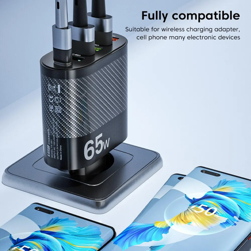 Зарядний пристрій 65W, 3.5A 6 в 1 5USB 1PD / QC3.0 Білий. ТОП