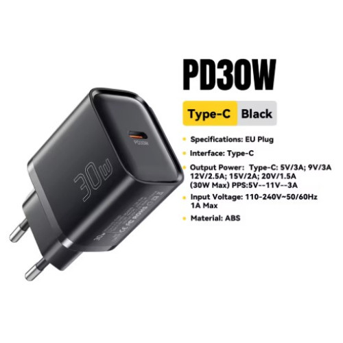 Зарядний пристрій Mini, 30 Вт Type-C PD QC3.0, Black