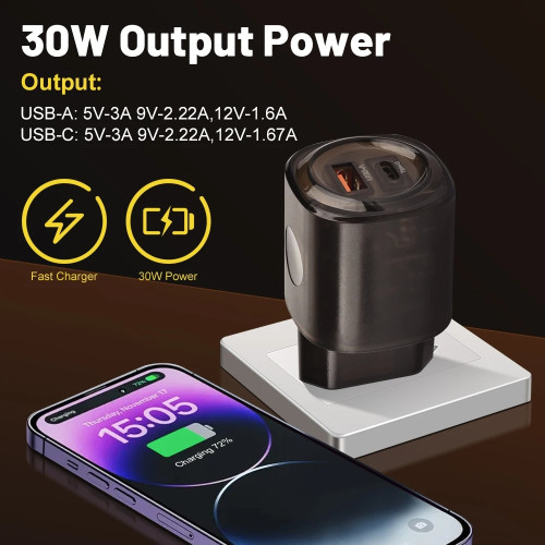 Зарядний адаптер 2в1, чорний, USB PD + Quick Charge 3.0