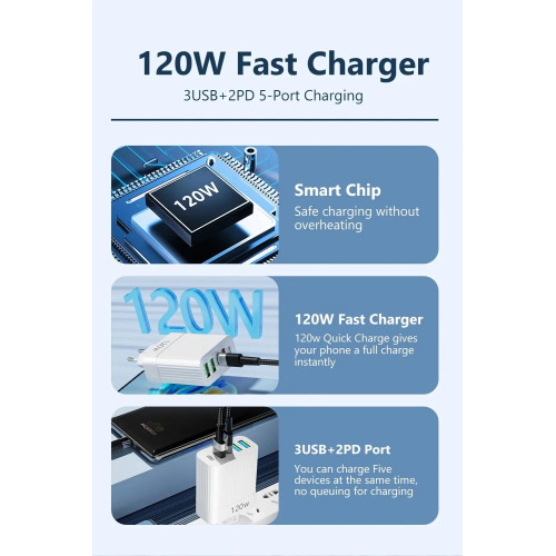 Зарядний пристрій 120W,  3USB+2PD, Білий