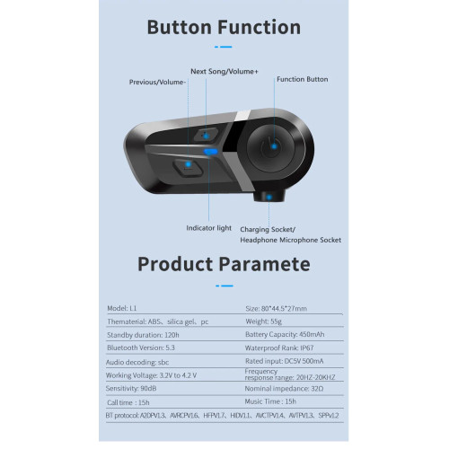 Мото гарнітура Bluetooth 5.3, з мікрофоном, водонепроникна, IP67