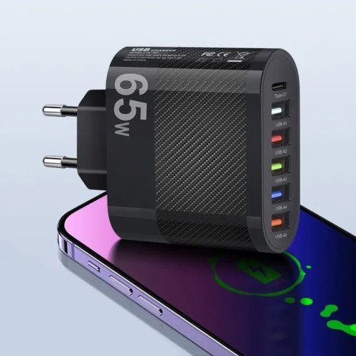 Зарядний пристрій 65W, 3.5A 6 в 1 5USB 1PD / QC3.0 Чорний. ТОП