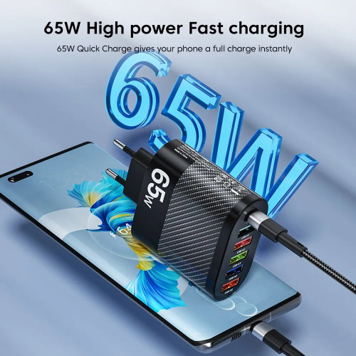 Зарядний пристрій 65W, 3.5A 6 в 1 5USB 1PD / QC3.0 Чорний. ТОП
