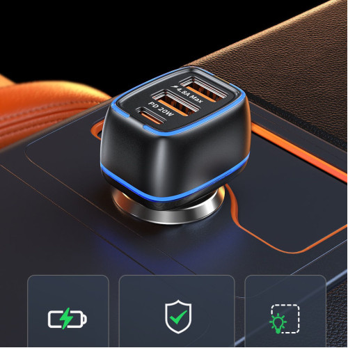Автомобільний зарядний пристрій 4.8A USB+Type C, 3 порти, швидка зарядка вхід 12-24v PD20W