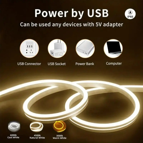 LED стрічка для підсвітки кухні й ванної, 1M, USB, теплий білий неон, водонепроникна