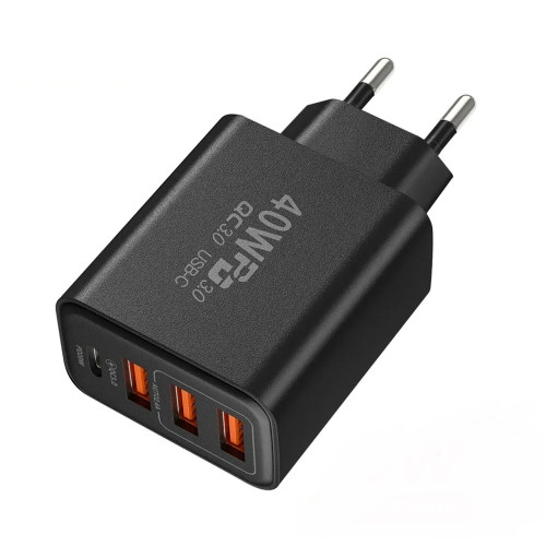 Зарядний пристрій 40W, Quick Charge 3.0, 3USB+Type C, Black
