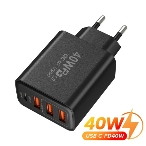 Зарядний пристрій 40W, Quick Charge 3.0, 3USB+Type C, Black
